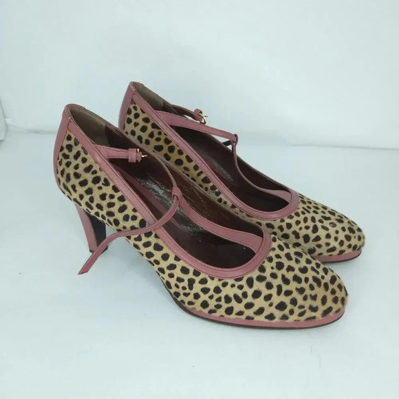 Furla Mary Jane Leopard Print Pony Hair Leather Heels size 9 - Picture 1 of 7